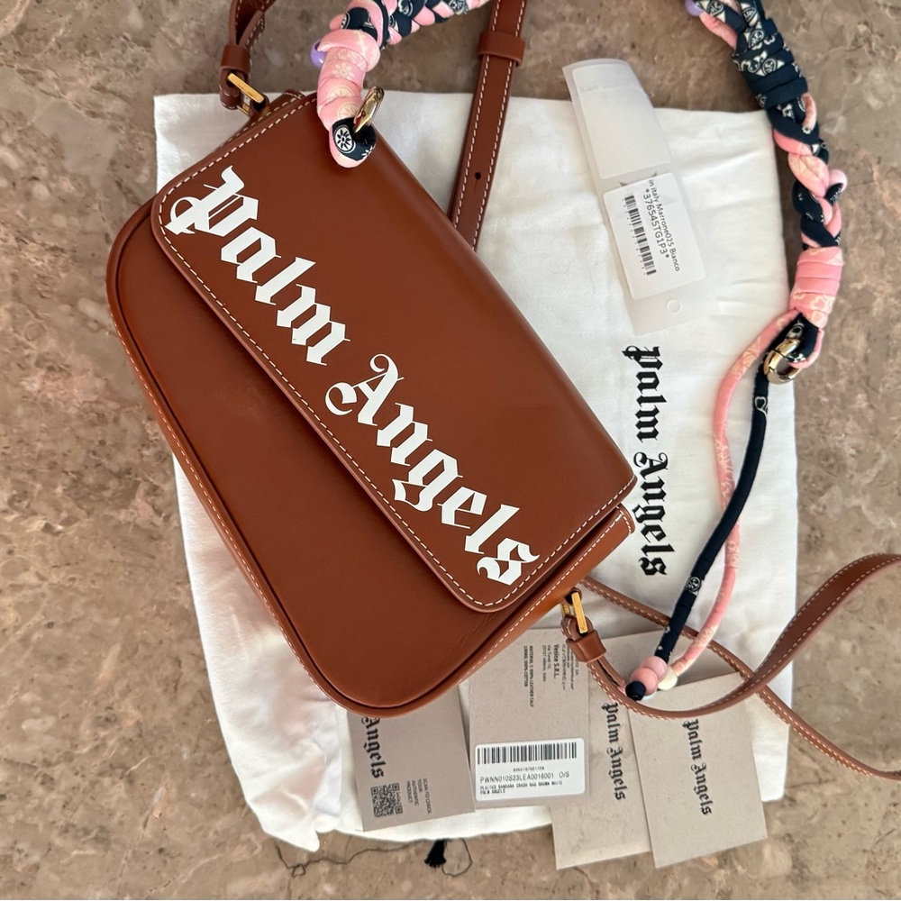 Palm Angels Tan Crossbody Bag with Pink Accents